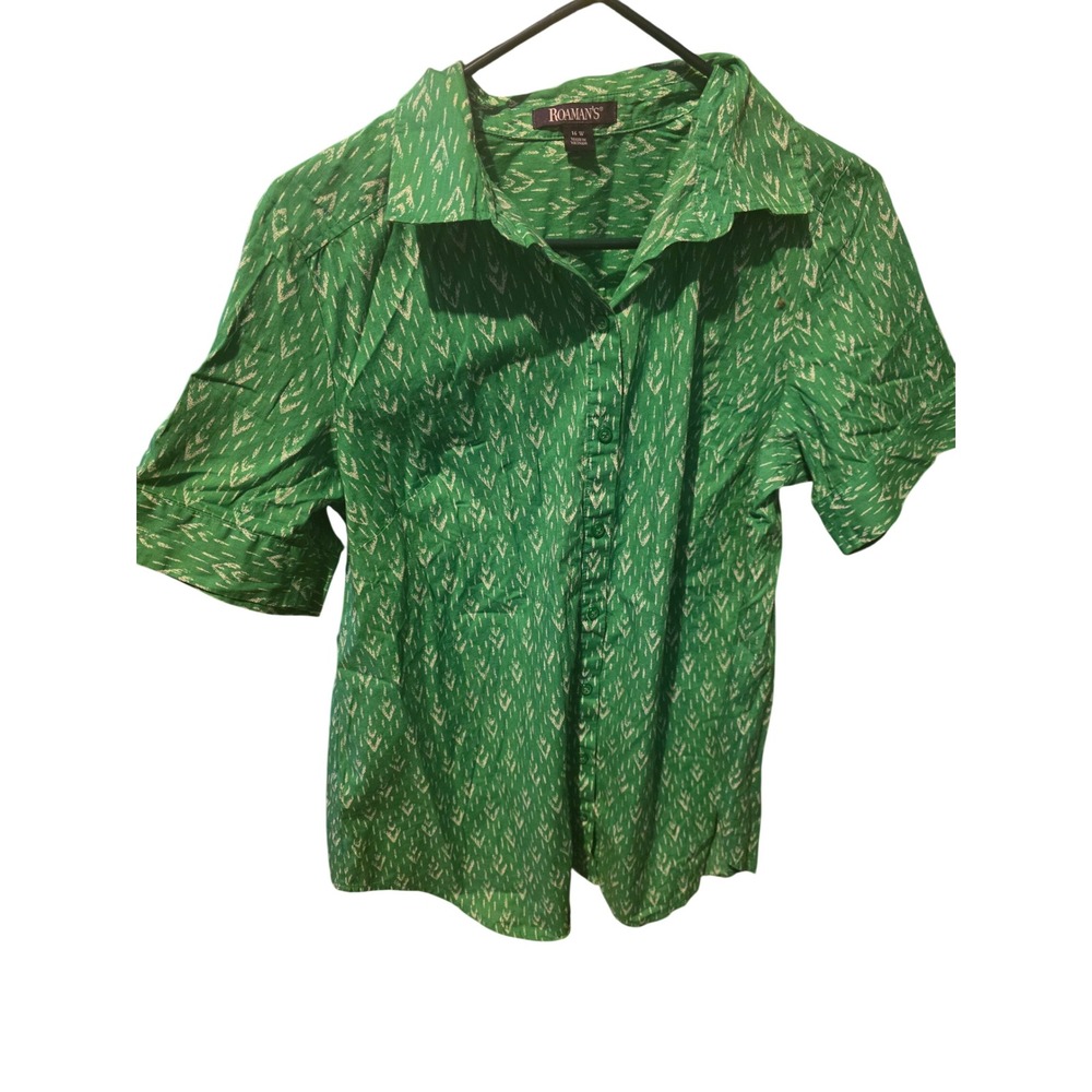 Roamans Green White Printed Cotton Button Front Blouse Plus Size 16 Plus Size